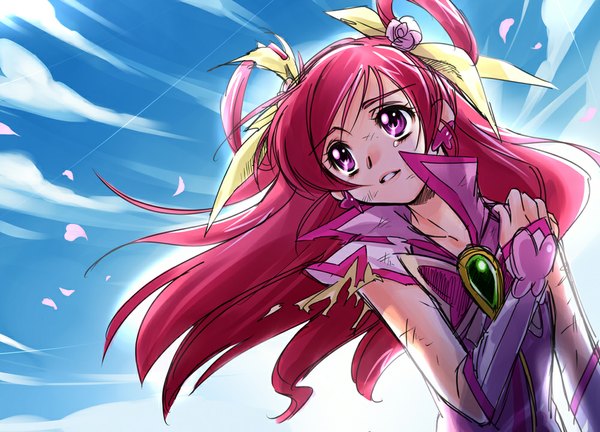 Anime picture 1000x720 with precure yes! precure 5 yes! precure 5 gogo! toei animation yumehara nozomi cure dream nekozawa yukari single long hair looking away pink hair sky cloud (clouds) pink eyes wind hair bun (hair buns) torn clothes magical girl girl hair ornament