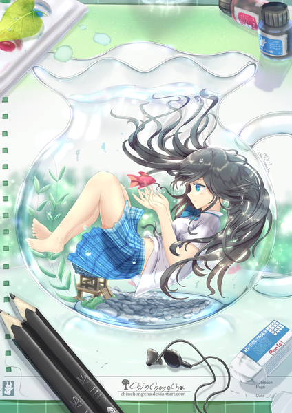 Anime picture 1500x2121 with original chinchongcha single long hair tall image blue eyes black hair profile pleated skirt barefoot short sleeves floating hair plaid skirt underwater in container girl skirt animal shirt white shirt
