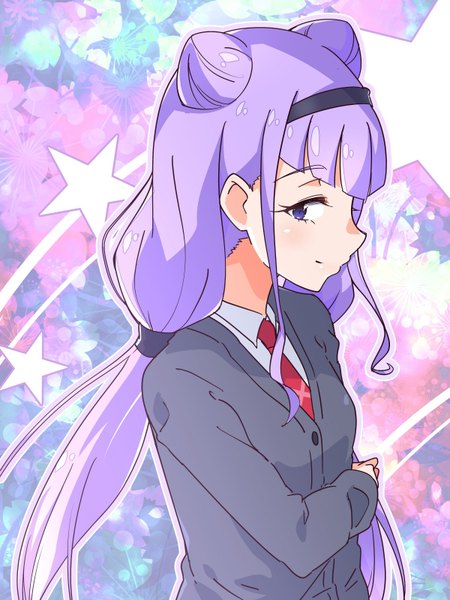 Anime picture 600x800 with precure hugtto! precure toei animation ruru amour shirotae (robamimi) single long hair tall image looking at viewer blush fringe purple eyes twintails payot purple hair upper body profile light smile hair bun (hair buns) low twintails