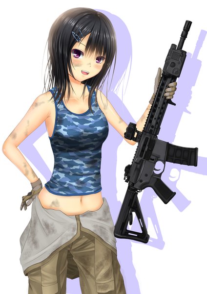 Anime picture 1447x2046 with original kurokami (kurokaminohito) single tall image looking at viewer blush short hair open mouth black hair purple eyes shadow girl gloves navel weapon gun assault rifle