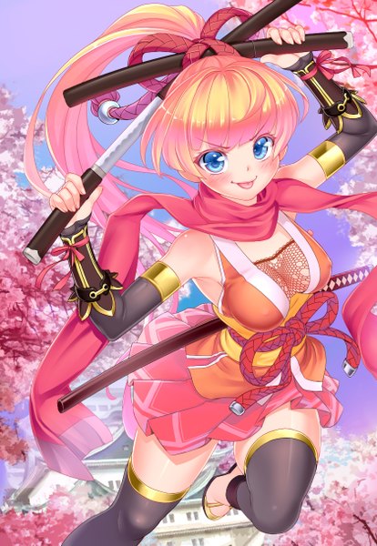 Anime picture 840x1217 with original lucknight single long hair tall image looking at viewer blush blue eyes light erotic ponytail traditional clothes orange hair cherry blossoms :p girl thighhighs weapon black thighhighs plant (plants) petals