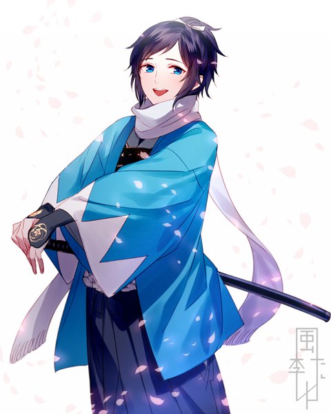 Anime picture 1280x1600 with touken ranbu nitroplus yamato no kami yasusada tayuya1130 single tall image blush fringe short hair blue eyes standing white background looking away purple hair ponytail traditional clothes japanese clothes mole mole under eye sheathed