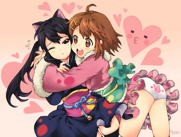 Anime picture 1500x1142 with k-on! kyoto animation hirasawa yui nakano azusa bittersweet (dalcoms) long hair blush short hair open mouth light erotic black hair brown hair multiple girls brown eyes signed animal ears ahoge ass traditional clothes japanese clothes