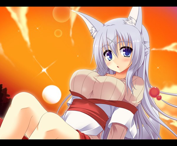 Anime picture 1000x825 with original tatese tamiko shirasu youichi single long hair looking at viewer blush blue eyes animal ears cloud (clouds) grey hair half updo bondage girl hair ornament ribbon (ribbons) sweater x hair ornament