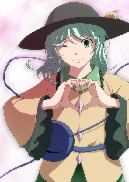 Anime picture 1524x2156 with touhou komeiji koishi s-syogo single tall image short hair green eyes one eye closed green hair wink heart hands girl hat heart