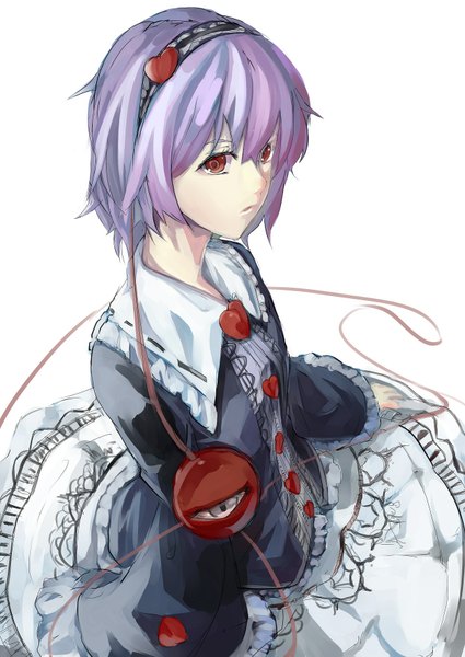 Anime picture 1254x1771 with touhou komeiji satori three k (spiritus no honoo) single tall image looking at viewer fringe short hair open mouth simple background red eyes white background purple hair long sleeves from above wide sleeves girl dress ribbon (ribbons) hair ribbon