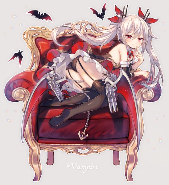 Anime picture 1374x1503 with azur lane vampire (azur lane) abandon ranka single long hair tall image looking at viewer fringe light erotic simple background smile hair between eyes red eyes twintails bare shoulders payot silver hair ass grey background no shoes