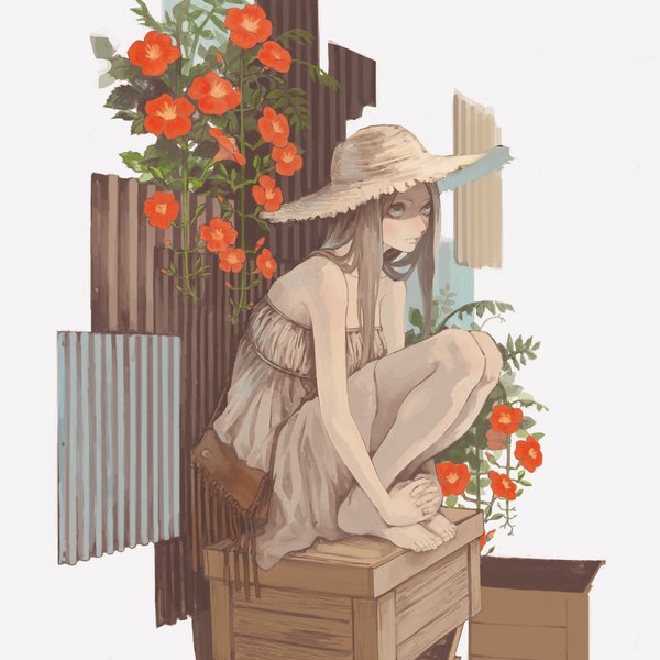 Anime picture 1181x1181 with original qib_emu single long hair blue eyes brown hair sitting bare shoulders barefoot girl flower (flowers) hat bag straw hat campsis trumpet creeper