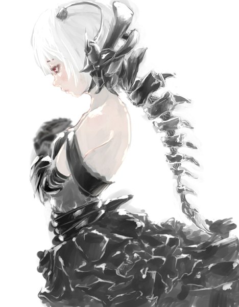 Anime picture 932x1196 with original yamashita tom single long hair tall image simple background red eyes white background bare shoulders looking away white hair ponytail profile girl dress gloves black gloves elbow gloves black dress armored dress