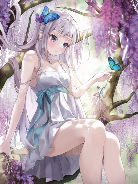 Anime picture 1125x1500 with original chie (user snfh8333) single tall image blush fringe breasts blue eyes light erotic sitting bare shoulders payot looking away silver hair outdoors blunt bangs very long hair blurry off shoulder arm support