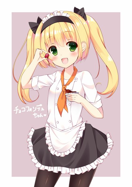Anime picture 1253x1770 with original bekotarou single long hair tall image looking at viewer blush open mouth blonde hair twintails green eyes girl dress bow hair bow hairband apron