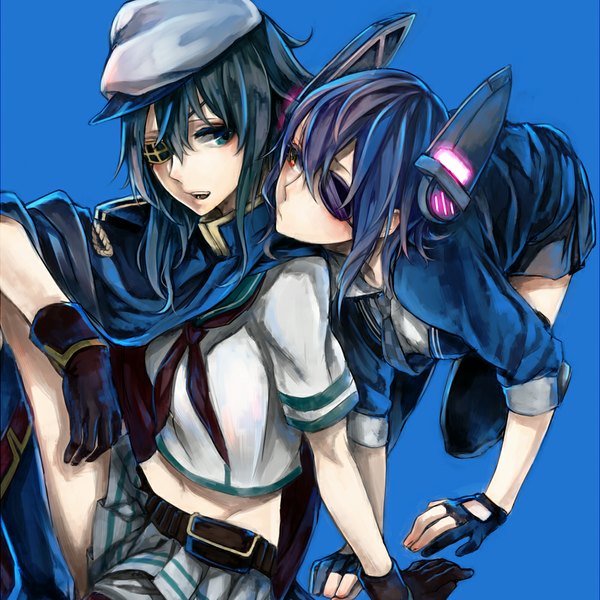 Anime picture 1000x1000 with kantai collection tenryuu light cruiser kiso light cruiser shuu-0208 long hair short hair open mouth blue eyes simple background sitting multiple girls light smile arm support teeth blue background shoujo ai on all fours leg lift (legs lift) eye contact girl