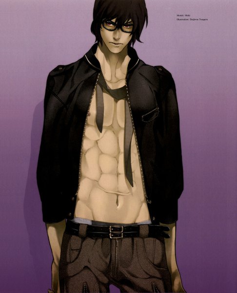 Anime picture 1000x1234 with togainu no chi nitro+chiral shiki (tnc) daijirou tsugaru single tall image short hair black hair red eyes brown hair standing signed inscription open clothes open shirt dark skin hands in pockets purple background boy navel