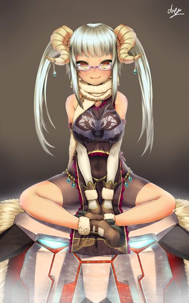 Anime picture 1125x1800 with original doyouwantto single long hair tall image blush blue eyes light erotic simple background sitting twintails bare shoulders signed yellow eyes silver hair horn (horns) covered navel glowing glowing eye (eyes) indian style