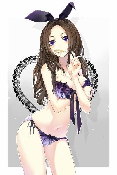 Anime picture 800x1200 with original orda long hair tall image breasts blue eyes light erotic simple background brown hair large breasts bare shoulders bare belly breast hold girl navel underwear ribbon (ribbons) hair ribbon spoon honey