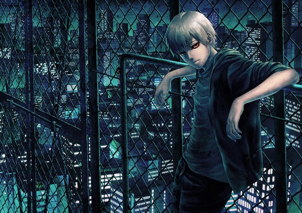 Anime picture 2000x1415 with tokyo ghoul studio pierrot kaneki ken etora single looking at viewer fringe highres short hair standing lips grey hair night open clothes open jacket city cityscape city lights black sclera boy