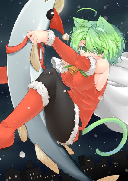 Anime picture 2480x3507 with original dodome-iro mayonnaise tall image blush highres short hair green eyes animal ears green hair cat ears cat girl cat tail fur trim girl detached sleeves fur bell fish (fishes) santa claus costume