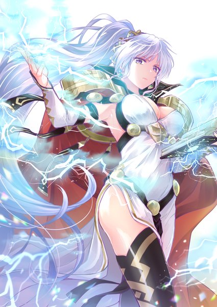 Anime picture 1133x1600 with fire emblem fire emblem: genealogy of the holy war nintendo ishtar (fire emblem) yoshi (taiko7) single long hair tall image looking at viewer fringe breasts light erotic hair between eyes standing white background purple eyes holding silver hair purple hair ponytail