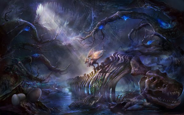 Anime picture 1600x1000 with rong rong (shenhaiyuyou) wide image sunlight glowing no people bone (bones) plant (plants) tree (trees) water skull dragon spider web egg cave