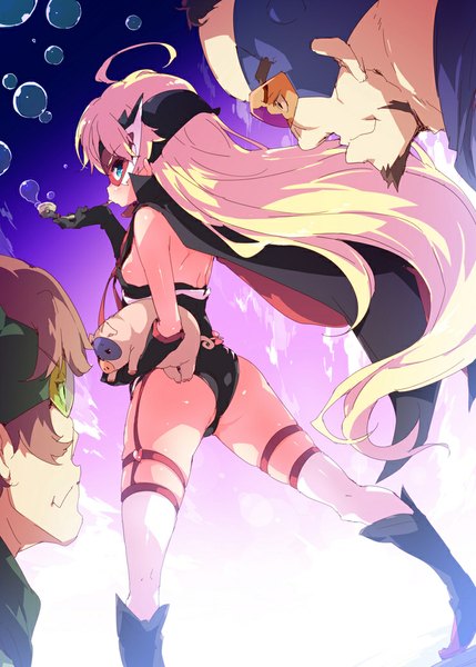 Anime picture 740x1035 with yoru no yatterman leopard (yoru no yatterman) tonzura boyacky petenshi (dr. vermilion) long hair tall image short hair blue eyes light erotic black hair blonde hair brown hair bare shoulders holding looking back from behind multiple boys spread legs girl