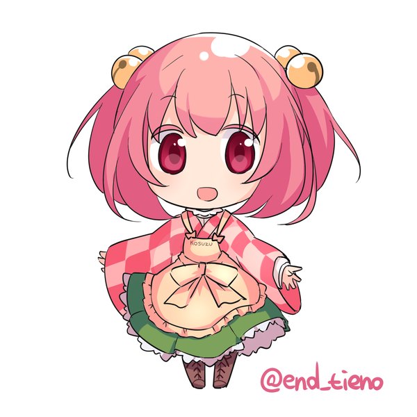 Anime picture 1500x1500 with touhou motoori kosuzu end tieno single looking at viewer fringe short hair open mouth simple background white background signed pink hair traditional clothes :d japanese clothes pink eyes two side up character names chibi hair bell
