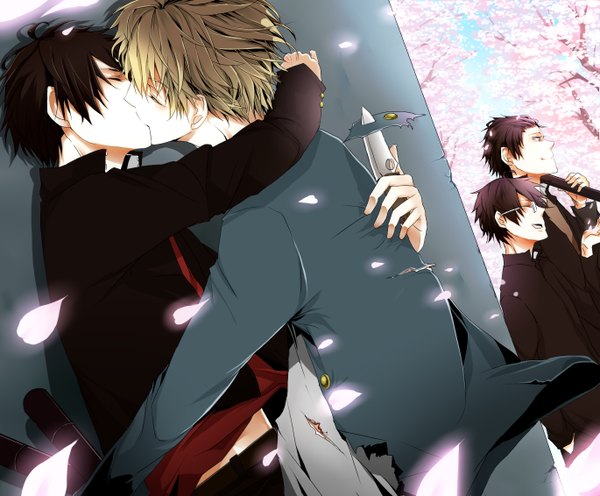 Anime picture 1369x1132 with durarara!! brains base (studio) orihara izaya heiwajima shizuo noel (pixiv) short hair black hair blonde hair eyes closed hug torn clothes cherry blossoms group kiss shounen ai graduation boy uniform weapon school uniform