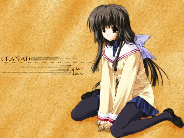 Anime picture 1600x1200 with clannad key (studio) ibuki fuuko suzuhira hiro single long hair looking at viewer fringe brown hair sitting brown eyes inscription copyright name character names wariza yellow background girl uniform ribbon (ribbons) hair ribbon