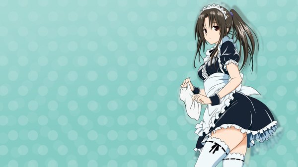 Anime picture 1920x1080 with toloveru toloveru darkness xebec kujou rin long hair looking at viewer highres brown hair wide image brown eyes ponytail maid wallpaper polka dot polka dot background girl headdress maid headdress wrist cuffs knee socks