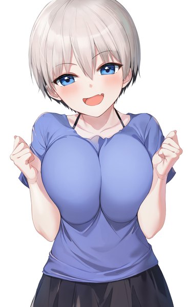 Anime picture 4000x6359 with uzaki-chan wa asobitai! uzaki hana emyo single tall image looking at viewer blush fringe highres short hair breasts open mouth blue eyes light erotic simple background smile hair between eyes large breasts standing white background