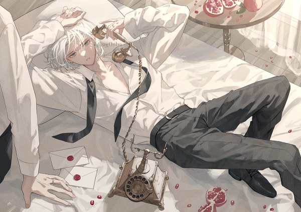 Anime picture 1414x1000 with original ugonba (howatoro) looking at viewer short hair sitting white hair indoors lying from above multiple boys on back grey eyes solo focus partially open clothes boy shirt necktie white shirt bed 2 boys