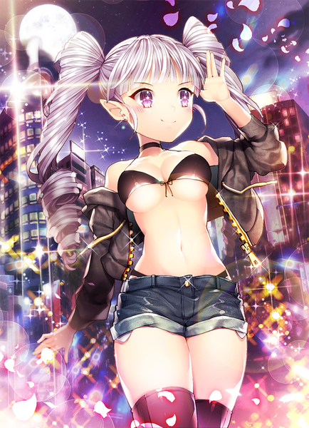 Anime picture 600x829 with original saban single long hair tall image light erotic purple eyes twintails silver hair open clothes open jacket drill hair girl thighhighs black thighhighs petals jacket shorts short shorts bikini top