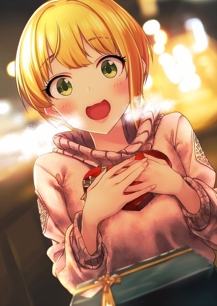 Anime picture 1253x1770 with idolmaster idolmaster cinderella girls miyamoto frederica baffu single tall image looking at viewer blush fringe short hair open mouth blonde hair smile holding green eyes blurry hand on chest valentine girl sweater