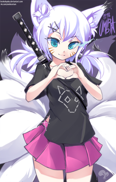 Anime picture 768x1200 with original krokobyaka single long hair tall image looking at viewer fringe simple background smile standing twintails signed animal ears white hair tail animal tail pleated skirt aqua eyes fox ears low twintails