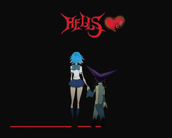 Anime picture 1280x1024 with hells angels hells linne amagane stealer long hair short hair simple background standing multiple girls blue hair purple hair from behind inscription couple back holding hands black background girl uniform 2 girls