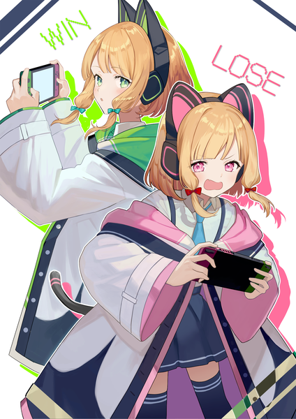 Anime-Bild 1447x2047 mit blue archive nintendo momoi (blue archive) midori (blue archive) luna (mi-chanman) tall image looking at viewer short hair open mouth blonde hair multiple girls green eyes pink eyes open jacket text english siblings twins sisters tress ribbon