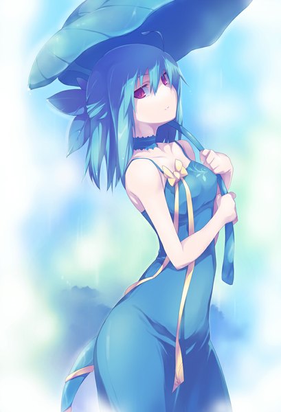 Anime picture 734x1076 with original nanakusa single tall image looking at viewer short hair red eyes bare shoulders blue hair tail girl dress bow hair bow leaf (leaves)