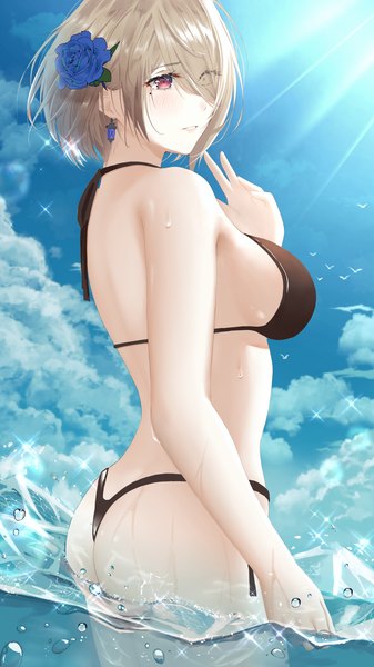 Anime picture 2160x3840 with honkai impact 3rd honkai (series) rita rossweisse eleaaa single tall image blush fringe highres short hair breasts light erotic smile red eyes brown hair large breasts standing sky cloud (clouds) outdoors