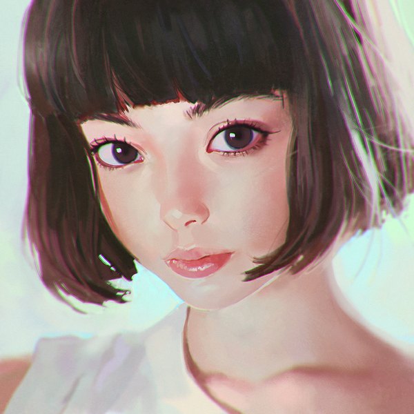 Anime picture 900x900 with real life tina tamashiro ilya kuvshinov single looking at viewer fringe short hair simple background brown hair brown eyes lips realistic portrait close-up face girl