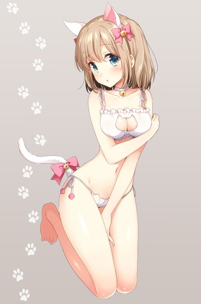 Anime picture 800x1206 with original masuishi kinoto single tall image looking at viewer blush fringe short hair breasts blue eyes light erotic simple background brown hair large breasts bare shoulders animal ears payot bent knee (knees) tail parted lips