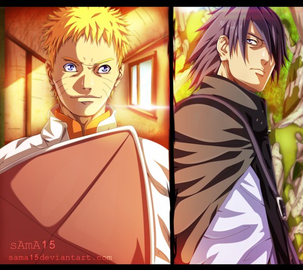 Anime picture 1370x1226 with naruto studio pierrot naruto (series) uzumaki naruto uchiha sasuke sama15 fringe short hair black hair blonde hair smile purple eyes sunlight hair over one eye coloring facial mark multiview whisker markings jinchuriki manga