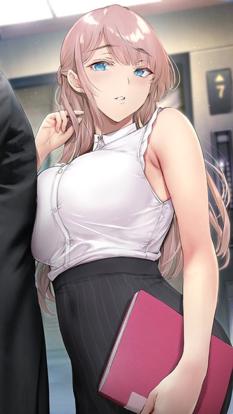 Anime picture 1410x2500 with original gentsuki long hair tall image looking at viewer fringe breasts blue eyes large breasts standing holding pink hair indoors parted lips fingernails blurry from below depth of field sleeveless covered navel