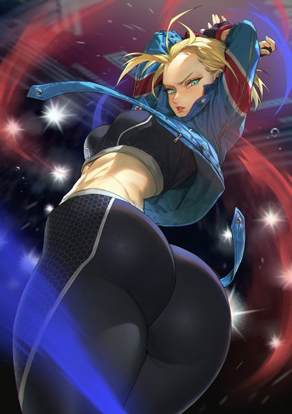 Anime picture 1271x1800 with street fighter street fighter 6 capcom cammy white mhk (mechamania) single tall image looking at viewer short hair light erotic blonde hair standing green eyes ass parted lips looking back from behind arms up open jacket from below