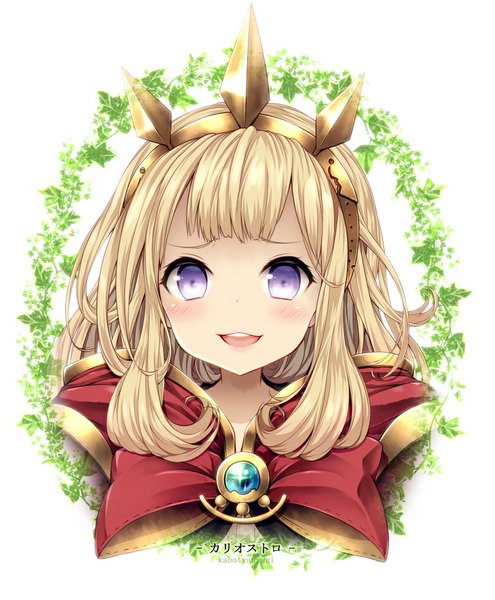 Anime picture 804x973 with granblue fantasy cagliostro (granblue fantasy) kabocha usagi single long hair tall image looking at viewer blush fringe open mouth blonde hair purple eyes :d character names portrait girl crown