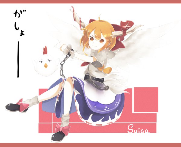 Anime picture 1369x1110 with touhou ibuki suika crazyoton46 single long hair looking at viewer smile ahoge tail animal tail horn (horns) orange hair orange eyes character names letterboxed angel wings girl bow hair bow animal