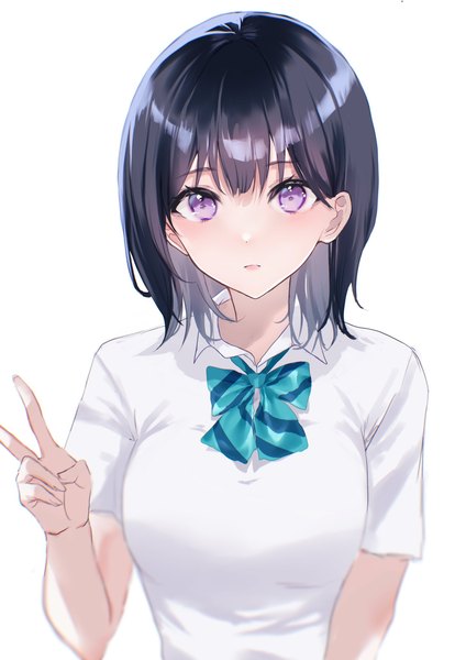 Anime picture 1447x2048 with original nagi (pickles pipipi) single tall image short hair black hair simple background white background purple eyes upper body victory girl uniform school uniform bowtie