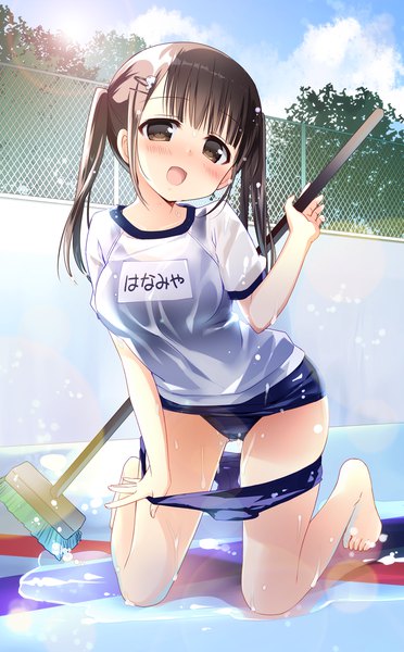 Anime picture 744x1200 with original nagayama yuunon single long hair tall image looking at viewer blush open mouth light erotic brown hair twintails holding brown eyes sky cloud (clouds) barefoot wet kneeling lens flare ass visible through thighs