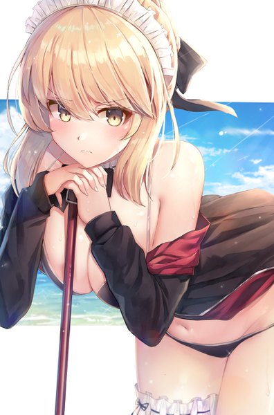 Anime picture 852x1288 with fate (series) fate/grand order artoria pendragon (all) artoria pendragon (alter swimsuit rider) (fate) motokonut single tall image looking at viewer blush fringe short hair breasts light erotic blonde hair hair between eyes large breasts standing bare shoulders yellow eyes payot