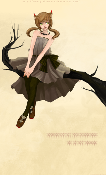 Anime picture 1240x2042 with original jinkimania (artist) single long hair tall image simple background brown hair sitting twintails bare shoulders green eyes signed animal ears nail polish eyeshadow girl dress branch