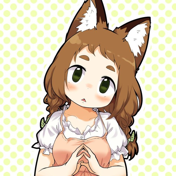 Anime picture 1280x1280 with original poko (yutturi) yutturi single long hair looking at viewer blush open mouth brown hair green eyes animal ears upper body braid (braids) short sleeves twin braids polka dot polka dot background outline fingers together :<