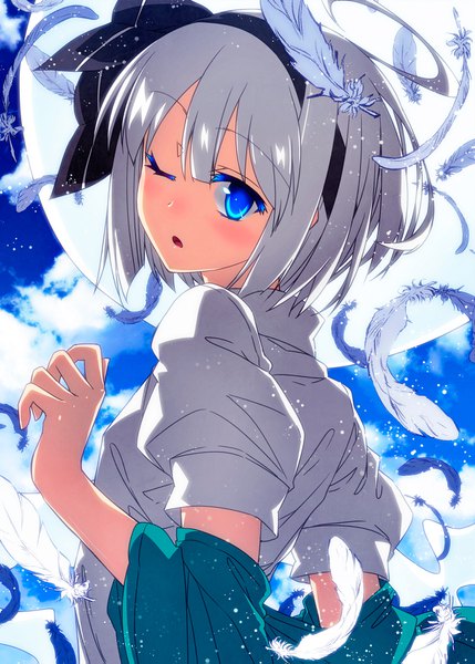 Anime picture 1200x1679 with touhou konpaku youmu myon sazanami mio single tall image looking at viewer blush fringe short hair breasts open mouth blue eyes hair between eyes standing sky silver hair cloud (clouds) upper body ahoge